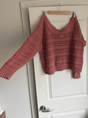 Lucky Brand Dusty Rose Off-the-Shoulder Crochet Sweater